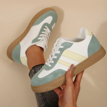 Retro Low Top Womens Green Casual Sneakers For Everyday in Light Green and White with Gum Sole