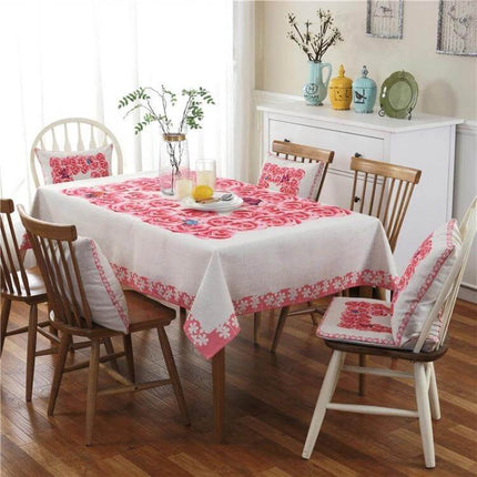 Retro Pattern Linen Table Cloth For Dinner 85x85cm on dining table with pink floral border and matching chair cushions