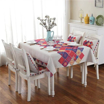 Retro Pattern Linen Table Cloth For Dinner 85x85cm on wooden dining table with colorful diamond patchwork and matching chair cushions