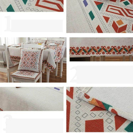 Retro Pattern Linen Table Cloth For Dinner 85x85cm with geometric retro print on a square linen tablecloth showing stitched edging and table setting