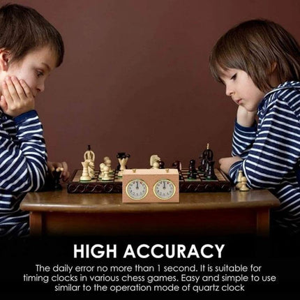 Retro Wood Shell Mechanical Chess Clock For Casual Games on table between two children playing chess, wind-up dual-timer wooden clock