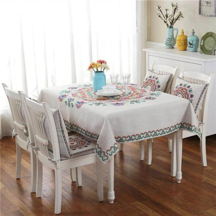 Retro Pattern Linen Tablecloth For Dinner, 140x140 Cm on white square table with floral centerpiece