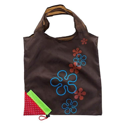 Creative Strawberry Reusable Folding Grocery Bag for Everyday Shopping - brown nylon tote with blue and red floral print, folds into small strawberry pouch