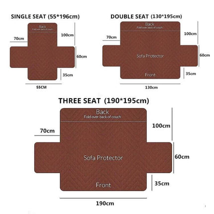 Reversible Sofa Cover 55x196cm For Pets Machine Washable — Brown quilted sofa protector diagram with dimensions for single, double, three seat