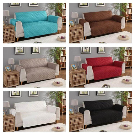 Reversible Sofa Cover 55x196cm For Pets Machine Washable in six color options displayed on living room sofas, quilted microfiber protection