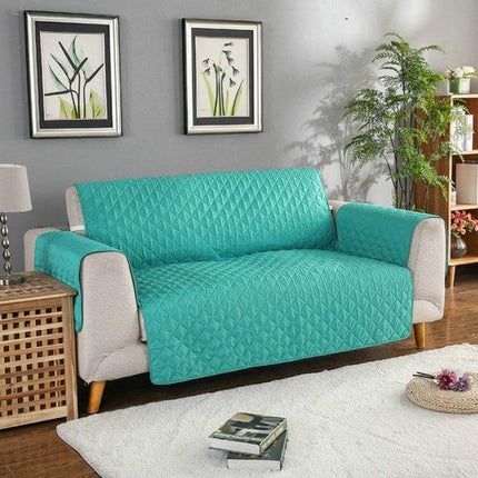 Reversible Sofa Cover 55x196cm For Pets Machine Washable teal quilted microfiber reversible sofa protector on grey couch