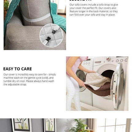 Reversible Sofa Cover 55x196cm For Pets Machine Washable showing reversible microfiber cover being put in washing machine and fitted on sofa