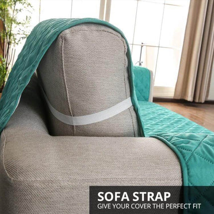 Reversible Sofa Cover 55x196cm For Pets Machine Washable - teal reversible microfiber sofa cover with strap fitted on beige couch protecting arm and back