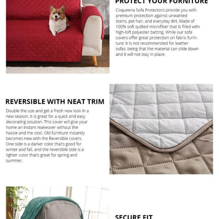 Reversible Sofa Cover 55x196cm For Pets Machine Washable - reversible microfiber sofa protector shown on couch with dog and close-up quilted trim