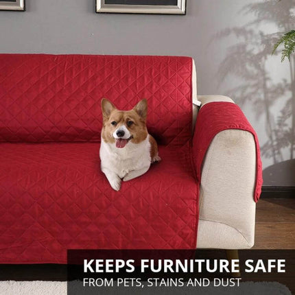 Reversible Sofa Cover 55x196cm For Pets Machine Washable - red quilted cover protecting sofa with corgi sitting