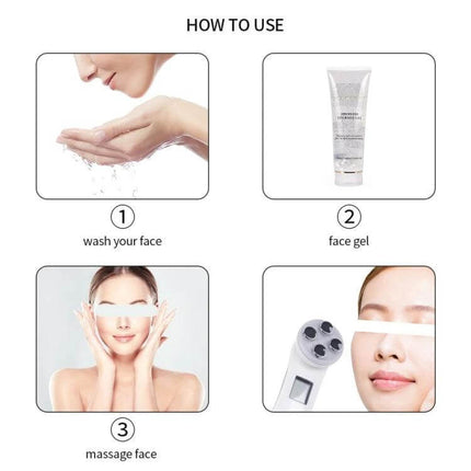 Radio Frequency Facial Beauty Pen For Wrinkle Reduction showing step-by-step use: wash face, apply face gel, massage face, device on skin