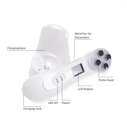 Radio Frequency Facial Beauty Pen For Wrinkle Reduction – white rechargeable RF facial device with LED, LCD display and four-roller probe on charging base