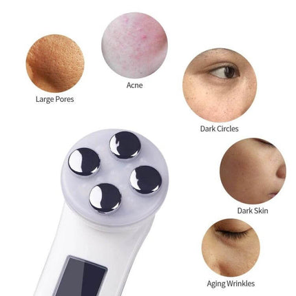 Radio Frequency Facial Beauty Pen For Wrinkle Reduction showing device head and treatment areas for large pores acne dark circles dark skin aging wrinkles