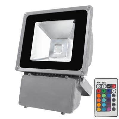 RGB LED Light With Remote Control For Home Use 80W showing 80W floodlight fixture with remote, 8500 lm, 3000–3500K ambient home lighting