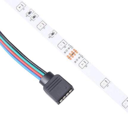 RGB LED Rope Light 5m For Ambient Home Lighting Easy DIY Accent - close-up of RGB SMD-2030 strip with 4-pin connector and colored wires