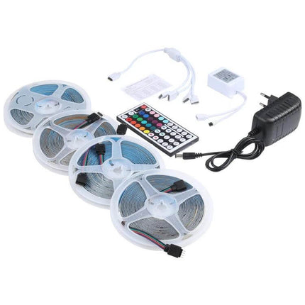 RGB LED Strip Lights IP65 Waterproof For Indoor Outdoor Decor - 20m kit with four reels, remote, power adapter and connectors for patio or garden lighting