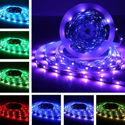RGB LED Strip Lights IP65 Waterproof For Indoor Outdoor Decor - 20m color-changing weatherproof LED strip kit rolled and lit in purple with color samples