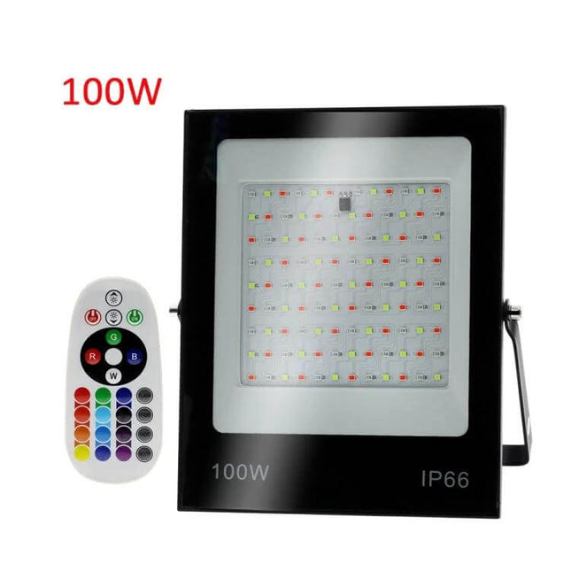 RGB LED Flood Light With Remote Control For Outdoor Use - 100W black floodlight with 24-key remote showing RGB color options