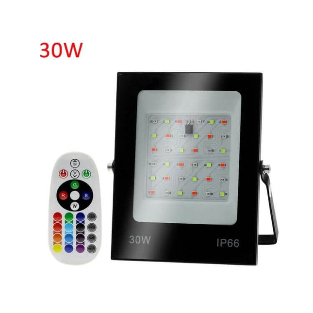 RGB LED Flood Light With Remote Control For Outdoor Use - 30W IP66 color-changing outdoor floodlight with 24-key remote