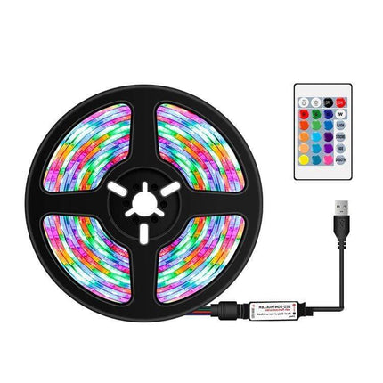 RGB USB Light Strip With Remote Control For Ambient Room Decor 5m — 5V USB LED strip on reel with remote, adhesive back and cut-to-fit design