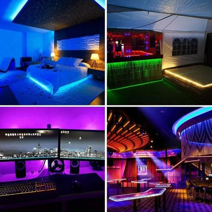 RGB LED Rope Light 5m For Ambient Home Lighting Easy DIY Accent - multi-scene room lighting examples showing bedroom, bar, gaming desk, event décor