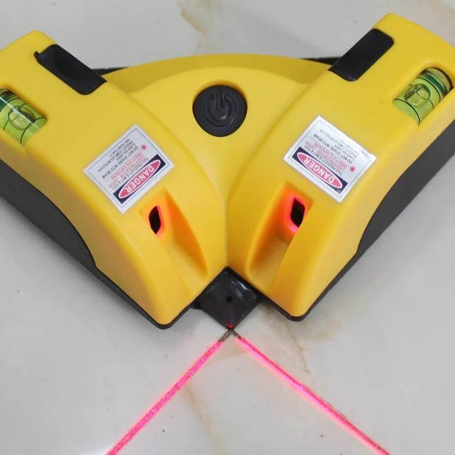 Right Angle Laser Level For Tiling And Home Projects handheld yellow alloy steel unit projecting two perpendicular red laser lines for precise 90-degree corner alignment