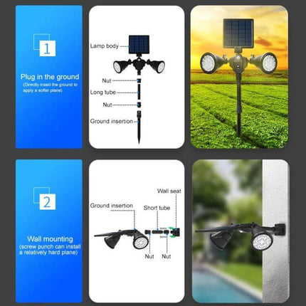 Robot Solar LED Spotlight Double-Headed With Motion Sensor showing dual-head installation options: ground stake and wall-mounted with solar panel
