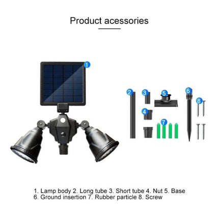 Robot Solar LED Spotlight Double-Headed With Motion Sensor showing solar panel, dual lamp heads and mounting accessories