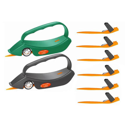 Roll Wrapping Paper Cutter With Handle For Gift Wrap - green and gray hand-held cutter with replaceable blades and wheel for clean straight cuts