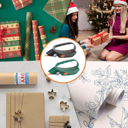 Roll Wrapping Paper Cutter With Handle For Gift Wrap shown in black and green with replaceable blades for precise gift wrap cuts