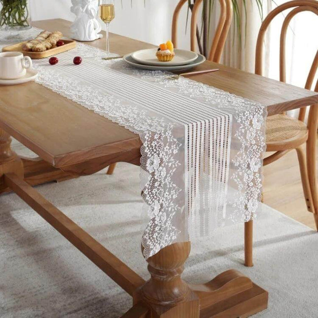 Romantic Lace Table Runner 120cm For Weddings And Dining white brocade lace runner on wooden dining table with place settings