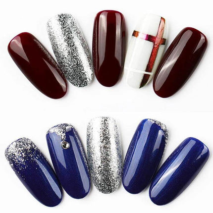 Rosalind Gel Platinum Nail Polish For DIY Manicure sample nails showing platinum glitter, burgundy, white striping and blue gel manicure options