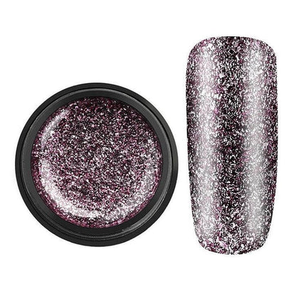 Rosalind Gel Platinum Nail Polish For DIY Manicure glittery platinum gel pot and swatch showing shiny DIY manicure finish