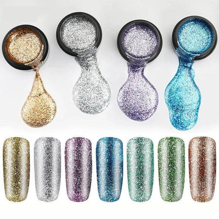 Rosalind Gel Platinum Nail Polish For DIY Manicure - four glitter gel shades poured from pots with matched swatches showing gold, silver, purple, blue sparkle