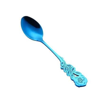 Rose Flower Coffee Spoon For Everyday Use At Home Kitchen - 13.1cm stainless steel rose-motif blue spoon for stirring coffee, measuring sugar, rust-resistant