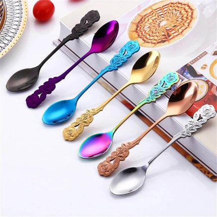Rose Flower Coffee Spoon For Everyday Use At Home Kitchen - stainless steel 13.1 cm rose-motif spoon in assorted metallic colors for stirring and measuring