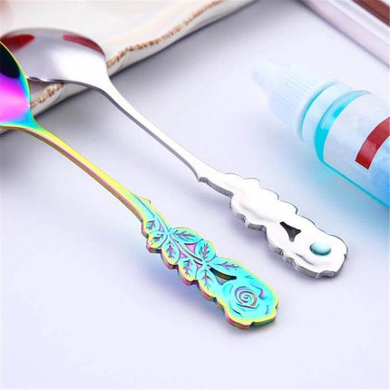 Rose Flower Coffee Spoon For Everyday Use At Home Kitchen - stainless steel 13.1cm rose-motif stirring and measuring spoon, rust-resistant