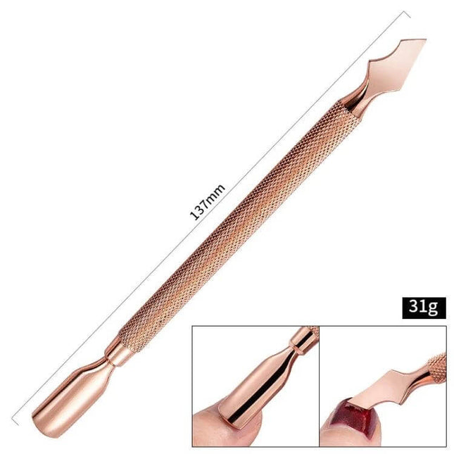 Rose Gold Stainless Steel Double-Headed Dead Skin Scissors For Nails - rose-gold stainless steel double-ended cuticle pusher and dead-skin trimmer, 137mm, 31g