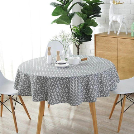 Round Tablecloth, Cotton-Linen Print, 100 120 150 cm - gray herringbone cotton-linen round tablecloth on modern dining table, breathable durable fabric