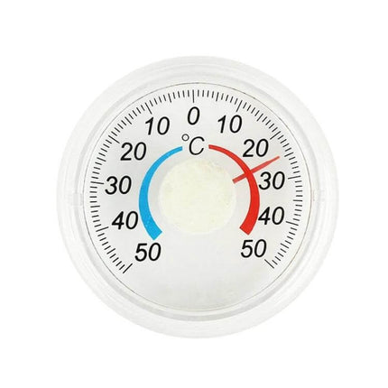 Round Door and Window Thermometer for Outdoor Temperature — white round adhesive-backed outdoor thermometer with easy-read Celsius dial