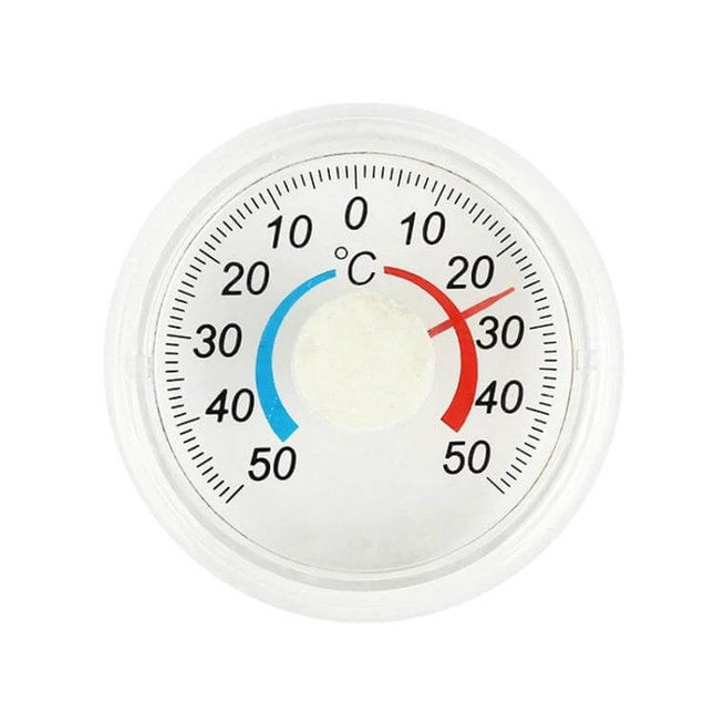 Round Door and Window Thermometer for Outdoor Temperature — white round adhesive-backed outdoor thermometer with easy-read Celsius dial