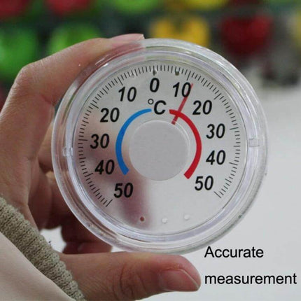 Round Door and Window Thermometer for Outdoor Temperature showing clear dial, compact round design with adhesive center for easy door or window mounting
