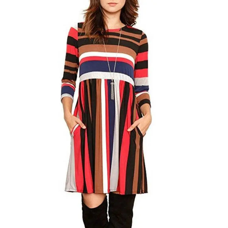 Round Neck Striped Stitching Color Casual Dress S to XXL