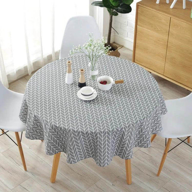 Round Tablecloth, Cotton-Linen Print, 100 120 150 cm on round dining table with grey chevron print and chairs