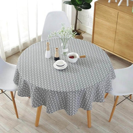 Round Tablecloth, Cotton-Linen Print, 100 120 150 cm - grey herringbone cotton-linen round tablecloth on indoor dining table protecting surface and styling space