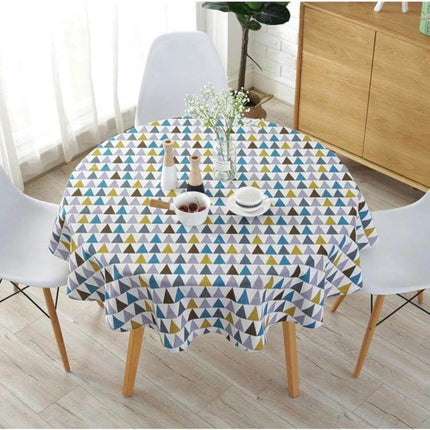 Round Tablecloth, Cotton-Linen Print, 100 120 150 cm on dining table with geometric triangle pattern, breathable cotton-linen blend, indoor/outdoor use