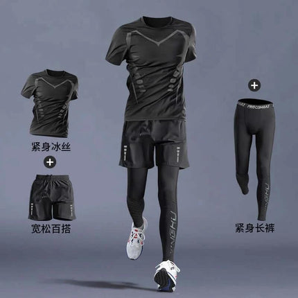 Running T Shirt Quick Dry For Training black multi-piece quick-dry set with short or long sleeves, shorts and leggings for running and gym training