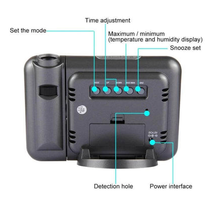 LED Projection Alarm Clock With Weather Station For Home showing back panel buttons: mode, time adjust, max/min temp-humidity, snooze, detection hole, power interface