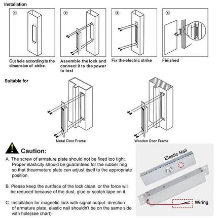 Magnetic Door Lock for Securing Wooden and Glass Doors installation diagram showing cutout, electric strike wiring, and mounting on wooden and metal frames
