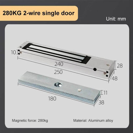 Magnetic Door Lock for Securing Wooden and Glass Doors - 280kg 2-wire single door aluminum alloy maglock with dimensions 250x48x28mm